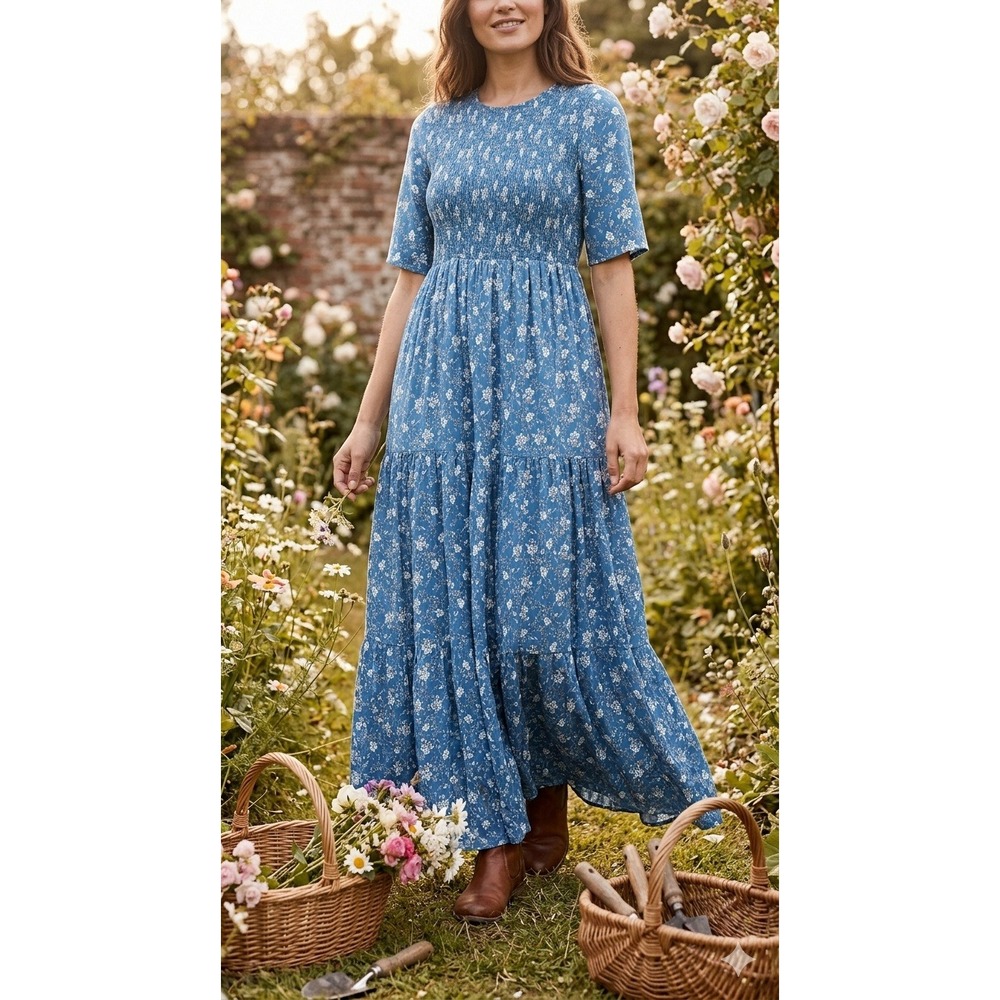 Ditsy Floral Bohemian Prairie Maxi Dress Cottage Fairy Size M‎ Western Cowgirl